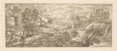 Rivierlandschap met twee wandelende figuren