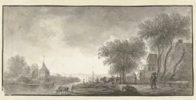 Rivierlandschap met vee en enkele huizen