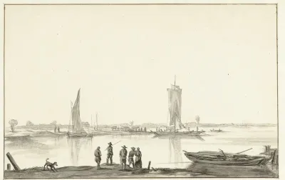 Rivierlandschap met vijf mensen en een hond