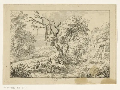 Rivierlandschap met vissende jongen