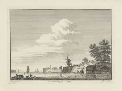 Rivierlandschap, met vissers die de netten binnenhalen
