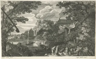 Rivierlandschap met vissers en werklui