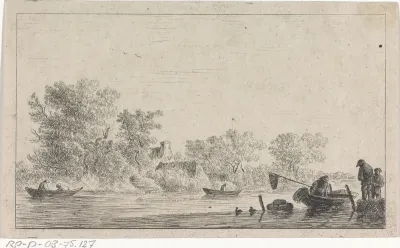 Rivierlandschap met vissers in bootjes