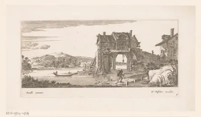 Rivierlandschap met vissers in roeiboot