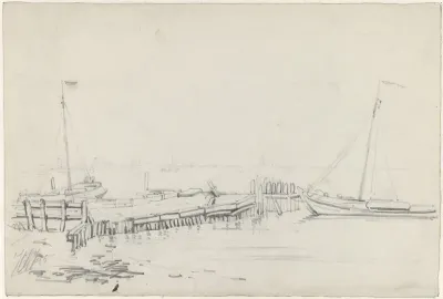 Rivierlandschap met vissersboten aan steiger