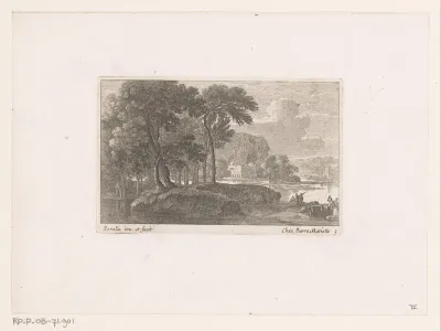 Rivierlandschap met vrouwen die de was doen
