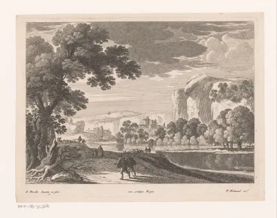 Rivierlandschap met wandelaars en herders