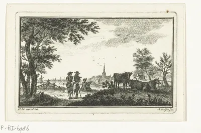 Rivierlandschap met wandelaars en tekenaar bij dorp