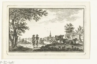 Rivierlandschap met wandelaars en tekenaar bij dorp