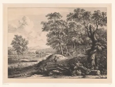 Rivierlandschap met wandelende jager met drie honden