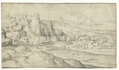 Rivierlandschap met watermolen en steile rotsen