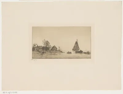 Rivierlandschap met zeilboot en twee roeiboten