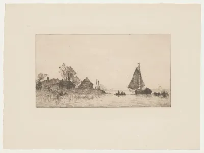 Rivierlandschap met zeilboot en twee roeiboten