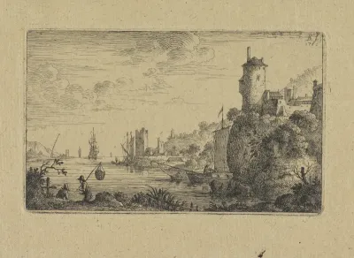 Rivierlandschap met zeilschepen