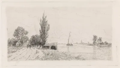 Rivierlandschap met zeilschip