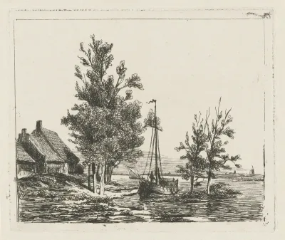 Rivierlandschap met zeilschip en boerderij