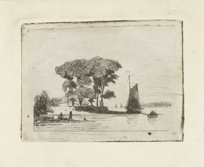 Rivierlandschap met zeilschip en bomen