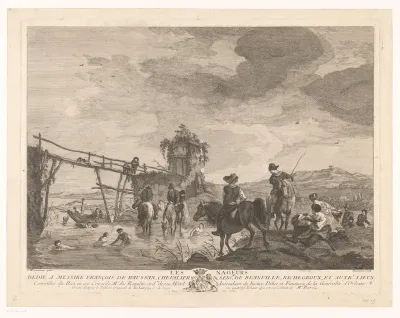 Rivierlandschap met zwemmers en paarden