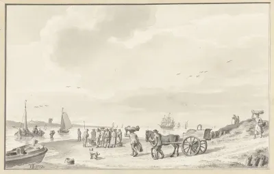 Riviermond met visafslag op het strand