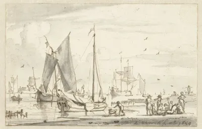 Rivieroever met enkele schepen