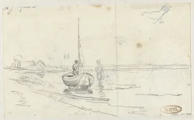 Rivieroever met twee figuren bij een boot