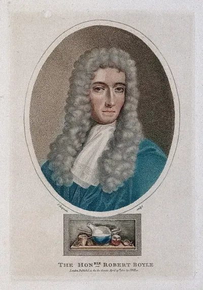 Robert Boyle. Coloured stipple engraving by J. Chapman, 1800 after G. Vertue