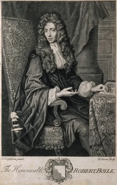 Robert Boyle. Line engraving by B. Baron, 1722 after J. Kerseboom
