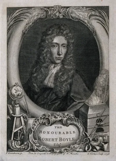 Robert Boyle. Line engraving by G. Vertue, 1738 after J. Kerseboom