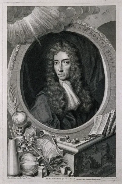 Robert Boyle. Line engraving by G. Vertue, 1739 after J. Kerseboom