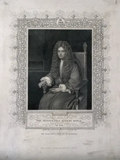 Robert Boyle. Line engraving by W. Holl, 1828, after W. Derby