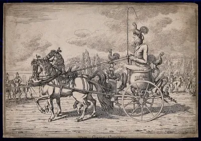 Robert Coates riding on a large cauldren pulled by two horses with a chicken on his head