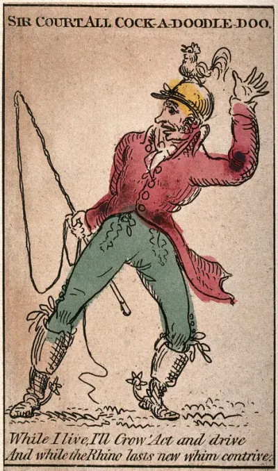 Robert Coates wearing a frock coat and riding-boots has a whip in his hand and a cockerel on his head