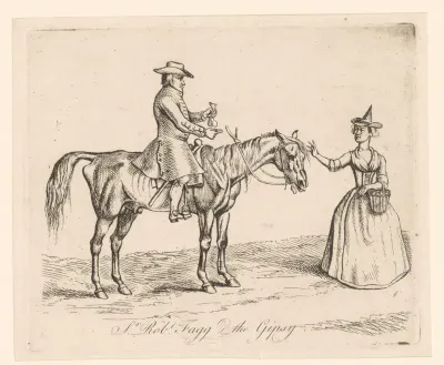 Robert Fagge te paard koopt eieren bij een vrouw