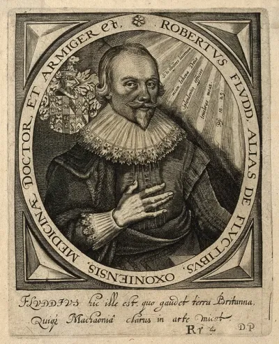 Robert Fludd. Line engraving by T. de Bry, 1645, after M. Merian, 1626