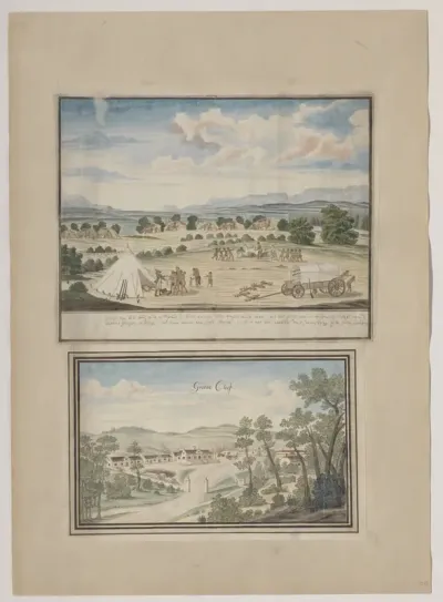Robert Jacob Gordon at the kraal of the Khoisan leaders Gronjam and Doroep, with an ox being slaughtered as a peace ritual