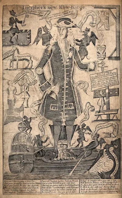 Robert Knight, Cashier of the South Sea Company, stands in a boat surrounded by horses, people and small devils