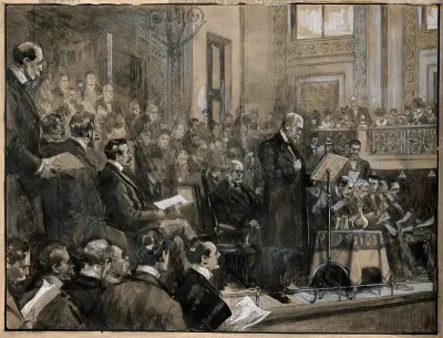 Robert Koch reading his address to a conference at St