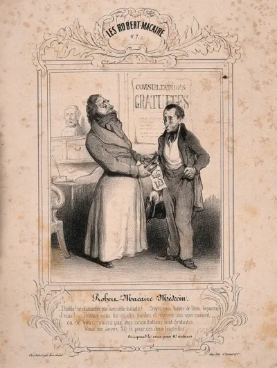 Robert Macaire as a doctor selling, at a so-called 'free consultation', bottles of water for twenty francs each and glasses of water for 10 centimes each