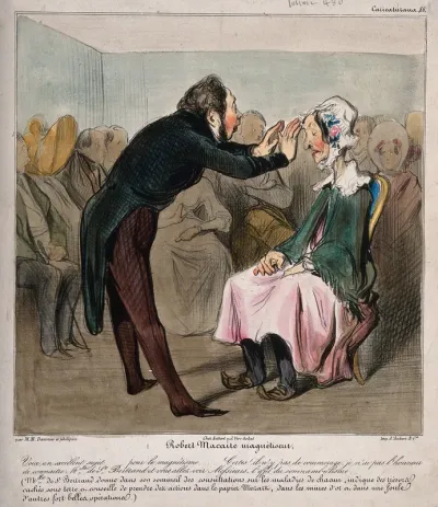 Robert Macaire mesmerises an old lady in front of an audience