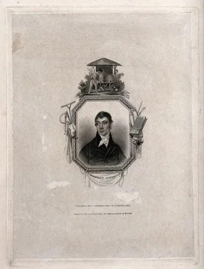 Robert Owen within a frame decorated with tools used for gardening and writing