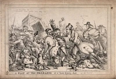 Robert Peel as a pugilist attacking night watchmen with the intention of replacing them by the police force
