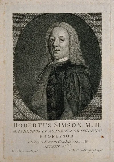Robert Simson. Line engraving by A. Ballie, 1776, after W. De Nune, 1746