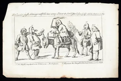 Robert Walpole, Earl of Orford, with a whip in one hand and a letter in the other, mounted on an ass with a human head