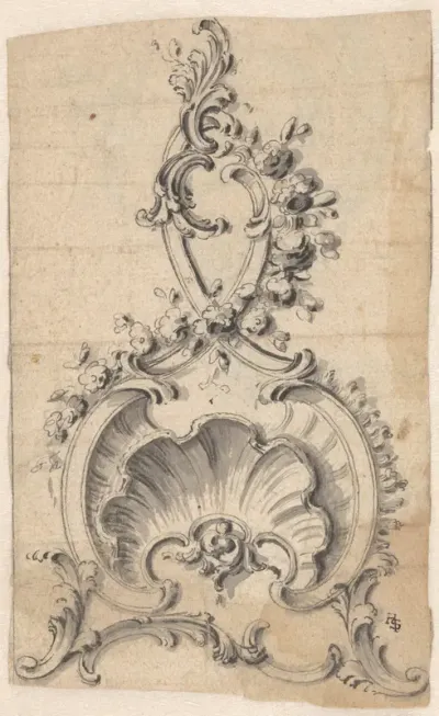 Rocaille-bekroning met een schelp, voluten en bloemen