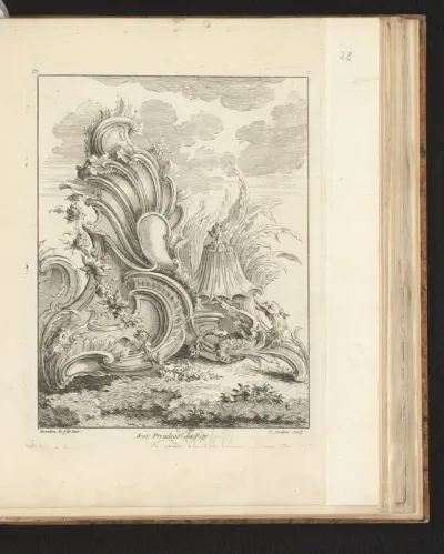 Rocaille met draak en bloemguirlande