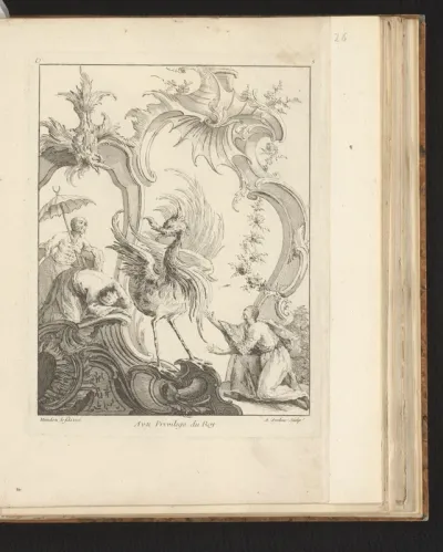 Rocaille met drie figuren in Chinese klederdracht rond een fantasievogel