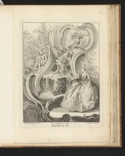 Rocaille met elegant paar bij een fontein