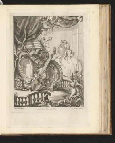 Rocaille met muziekinstrumenten en elegante dame