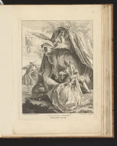 Rocaille met soldaat en jonge vrouw