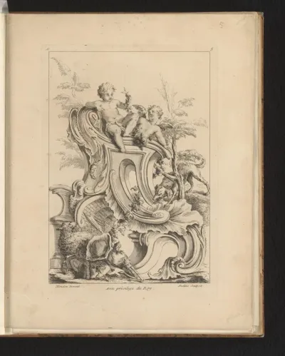 Rocaille met twee putti, een hond en een schaap